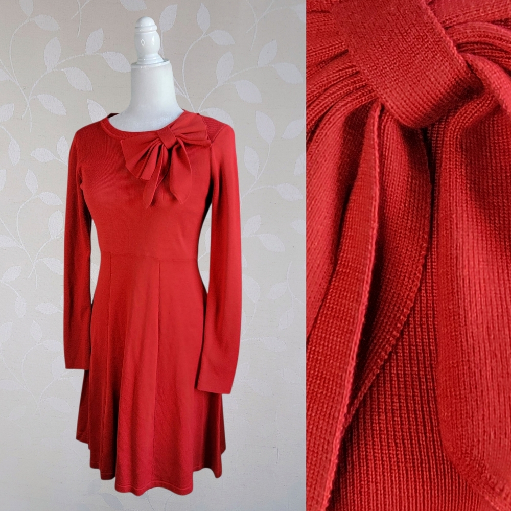 Jessica Howard Red Knit Dress w/ Bow Detail Long Sleeve Holiday Retro